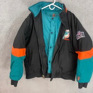 Vtg 1990's Pro Player Mens Large Miami Dolphins NFL Black Teal Reversible Jacket